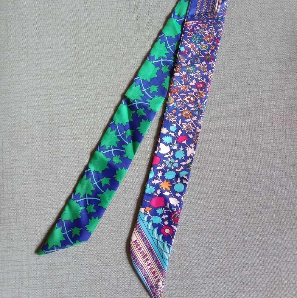 Hermes Silk TWILLY Scarf Floral Blue Green